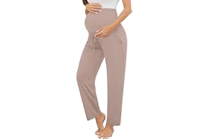 SWOMOG Women's Maternity Pajama Pants Over The Belly Pregnancy Pants Stretchy Lounge Wide Leg Trousers with Pockets