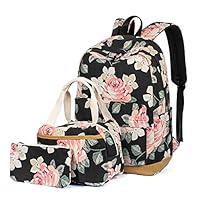 H HIKKER-LINK Floral School Backpack Set Bookbag&Lunch Bag&Pencil Case Black