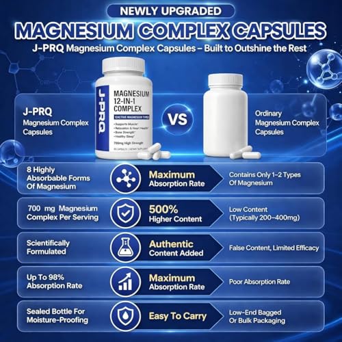 Magnesium 700mg | Magnesium Complex 12 in 1 (Glycinate, Citrate, Malate) | High Absorption Formula | Supports Muscle Stress, Heart & Bones | 90 Capsules