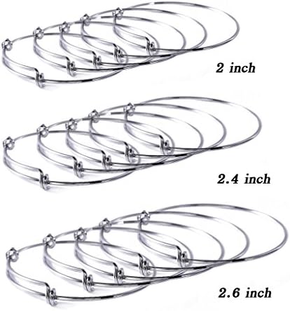 (2'',2.4'',2.6'',Each 5 pcs) 15pcs Expandable Wire Blank Bangle Bracelet for DIY Jewelry Making,Rhodium plated - For Easily Pick