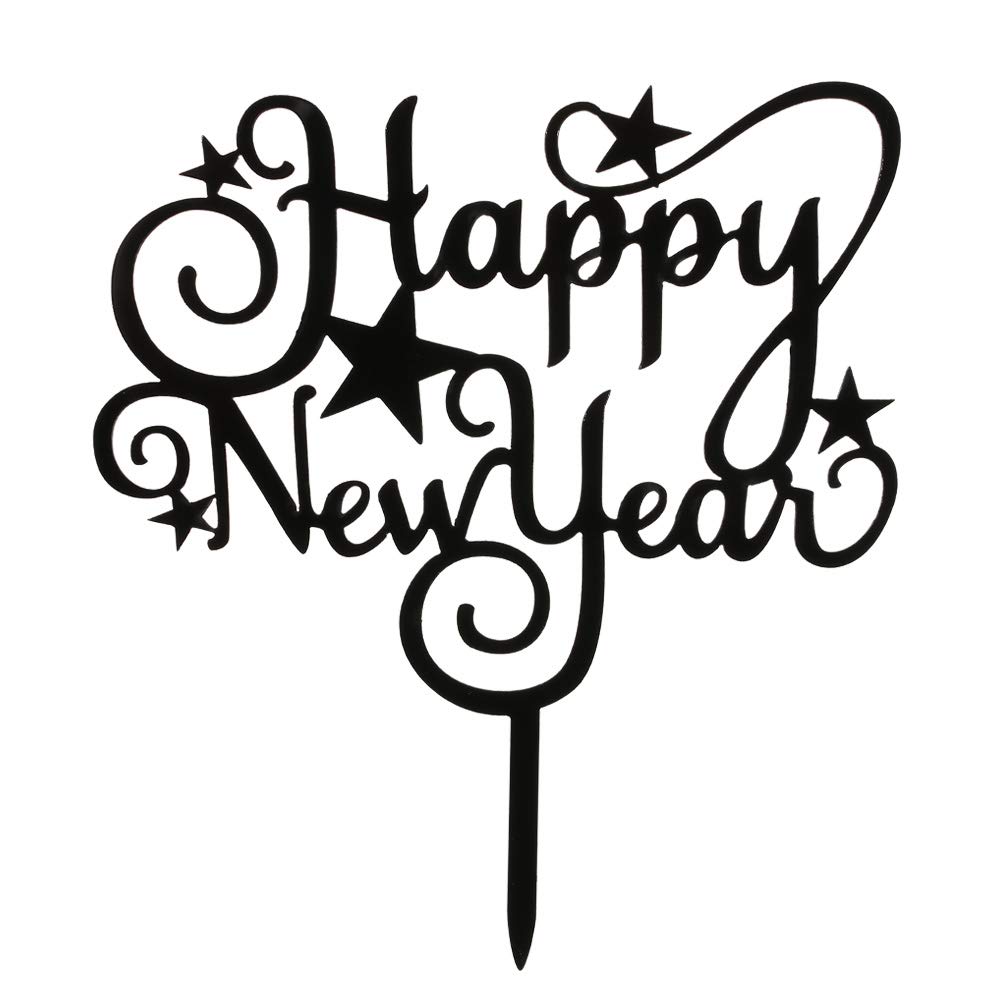 ARRIVEOK Cake Topper Rose Gold Red Star Happy New Year Acrylic Decor Kids Favors Gifts Xmas Party Supplies Wedding Decoration(Black)
