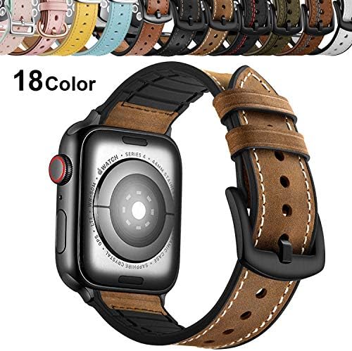 Chok Idea Genuine Leather Strap Compatible With Apple Watch 44mm 42mm,Sport Hybrid Style Silicone Leather Sweatproof Band With Secure Metal Buckle Replacement for iWatch Series 5 & 4 3/2/1,Brown