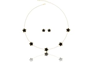 Qinpan Four Leaf Clover Necklace and Stud Earrings Set for Women Lucky Flower 14K Gold Plated Jewelry