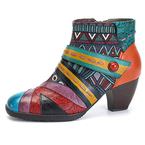 Block Heel Ankle Booties Womens Bohemian Color Splicing Pattern