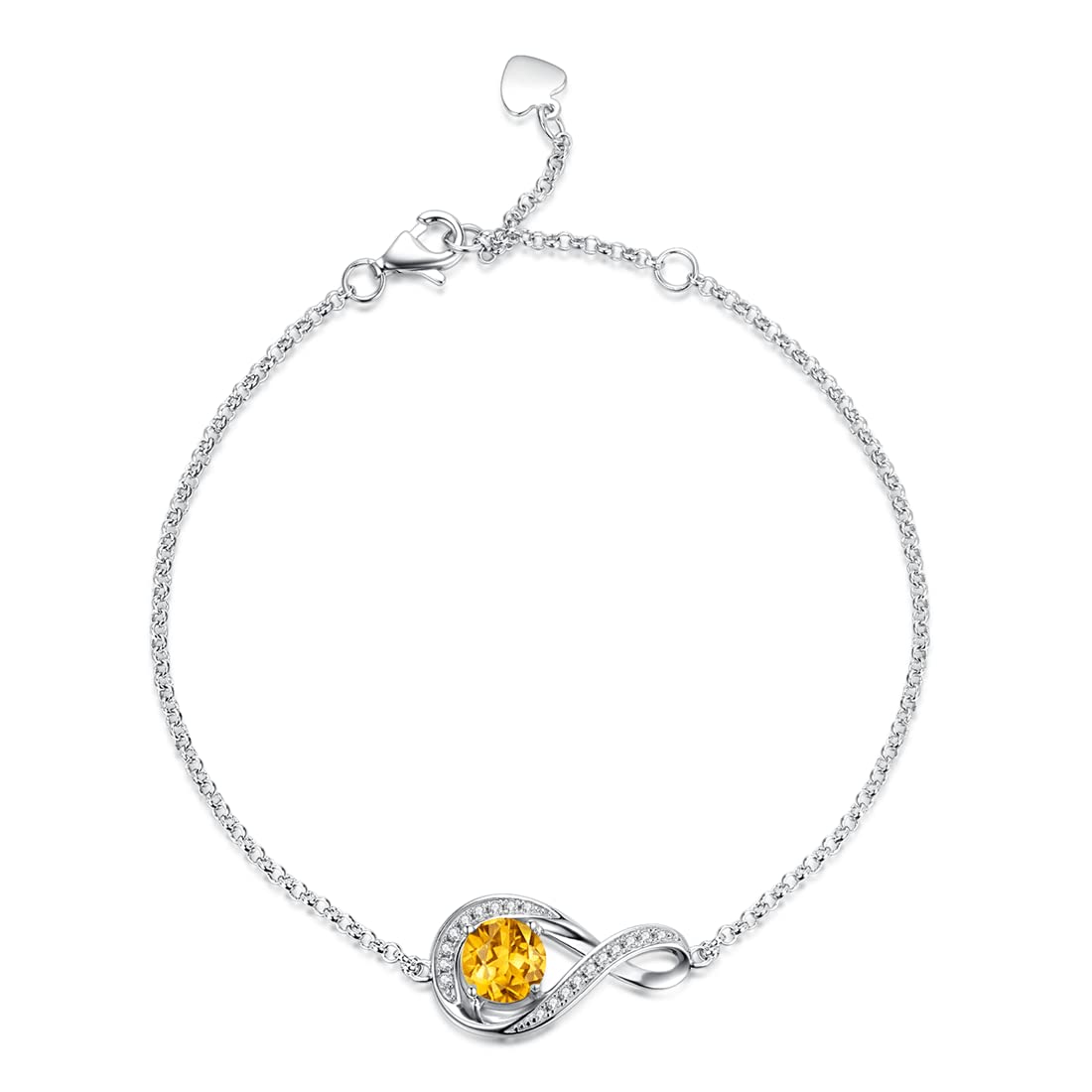 GEMLANTO 925 Sterling Silver Bracelet Infinity Created Citrine November Birthstone Link Bracelets for Women Dainty Birthday Anniversary Jewellery Gifts for Her Mum, Adjustable Chain 17+1.5+1.5CM