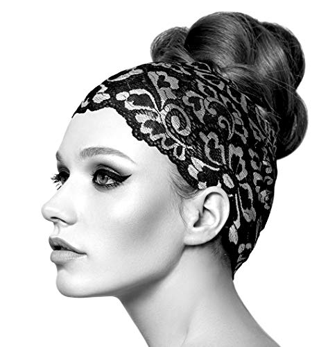 ShariRose Stunning Stretch Wide Floral Lace Headbands in Many Beautiful Colors Handmade (Black Silver) - Thumbnail 4