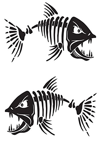 OwnTheAvenue x2 Fish Fishing Skeleton Bones -Regular and Reversed Skull Decal Sticker Vinyl for Auto Car Boat Bumper Window 6.5" X 10" (2Black)