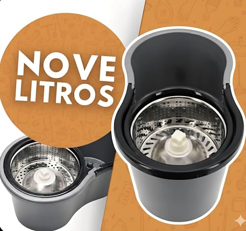 Mop Giratório Balde 9l Cesto inox Reforçado +2 Refis Microfibra Premium Plus- Esfregão Lava e Seca 360 Original