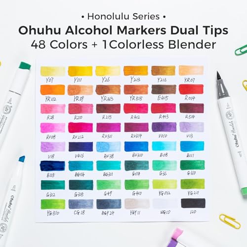 Ohuhu Marcadores de Alcohol Punta Pincel: Set de 48 Colores de Marcadores de Arte de Doble Punta para Artistas, Adultos, Colorear e Ilustraciones -Honolulu -Pincel y Cincel -Recargables, Multicolor