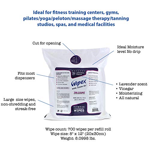 Wipex Gym & Fitness Wipes Refill Pack 700 Large Natural Wipes With Vinegar & Lavender Oil (1 Refill)