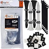 Cable Ties by ZippTie | 225 pc Cable Management Kit Heavy Duty 8” White & UV Black 75lb (Zip Ties) | Includes 20 Adhesive Base Mounts and 5 Reusable ZippCro Tie Wraps
