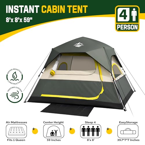 Tent 4 Person Tents for Camping - Instant Cabin Tent Setup in 50 Seconds with Rainfly & Windproof, Portable Pop Up Tents with Carry Bag for Family Outdoor Camping & Hiking