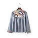 Lingswallow Women's Vintage Blue Loose Tribal Floral Embroidered Stripe Blouses