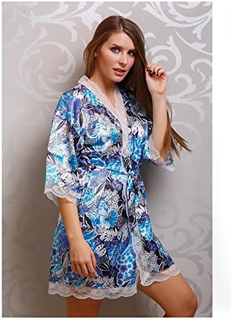Womens Kimono Floral Print Robe with Lace trimming with right pocket (Large)