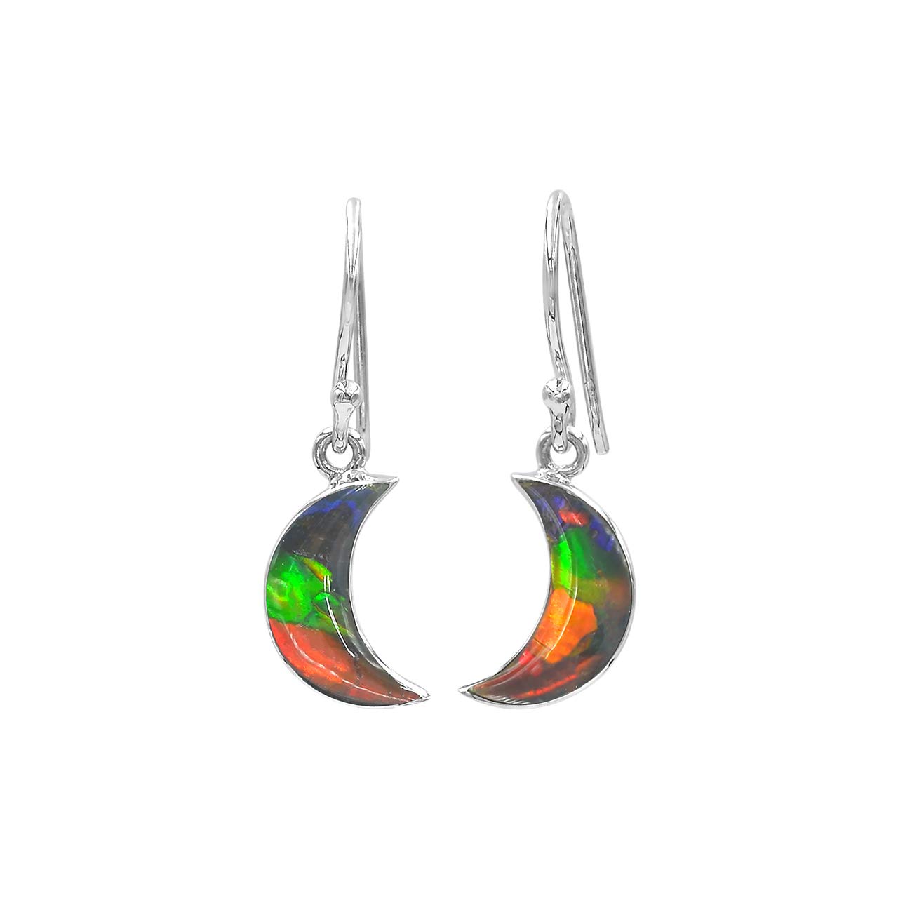 Starborn Ammolite Crescent Moon Sterling Silver Drop Earrings, Sterling Silver, Ammolite, Blue,Green,Red,Silver (CAMLEA037)