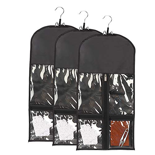 3 PCS Wig Bag with 2 Zipper Pockets, Storage Bag for Extension with Wooden Hanger, Hair Extensions Bag, Wig Storage, Hair Extension Holder and Hanger Storage Bag, Wig Carrier