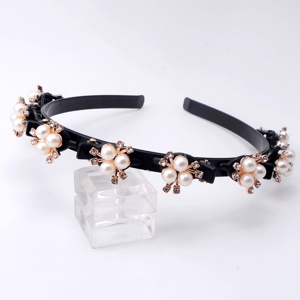 Photo 1 of PreciRise Elegant Pearl Flower Headband, Black with Crystal Rhinestones, Rose Gold Accents