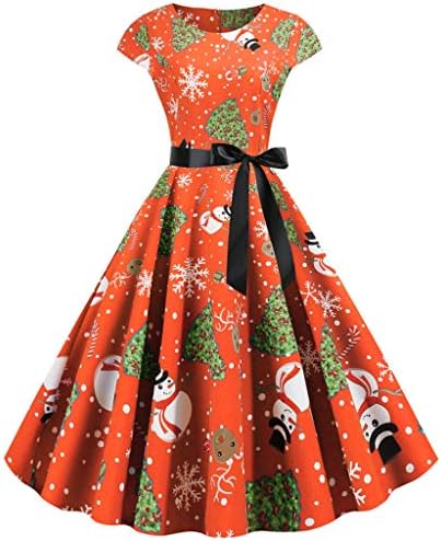 piabigka Womens Christmas Dresses Short Sleeve A-Line Vintage Xmas Dress Snowman Santa Retro 1950s Housewife Cocktail Prom Party Dress with Bowknot