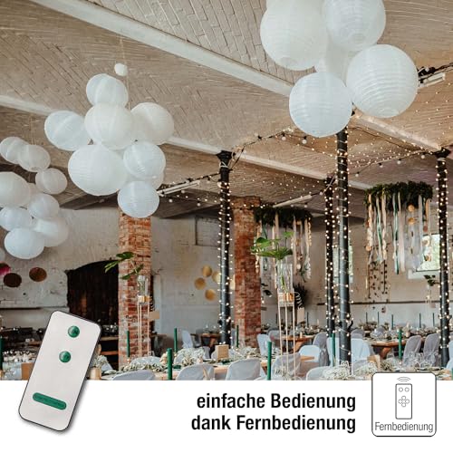 Hellum Lanterns Outdoor Weatherproof Set of 7 with Warm White LED and Battery, 1 x Diameter 30 cm, 3 x Diameter 25 cm, 3 x Diameter 20 cm, White Lanterns with Remote Control, Lanterns for Outdoors, LED Lanterns, Outdoor Wedding Decoration 150889