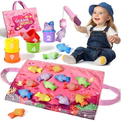Tokiyis Montessori Games 1 Year – Soft Fishing Game for Baby Girl with 12 Fishes – Colourful Child Game Educational Toy for 6 9 12 18 Months – Pink Gifts for Children Girl 1 2 3 Years