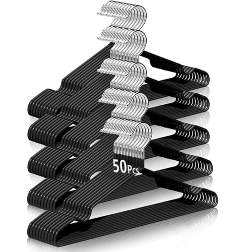 MXHIGO 50Pcs Ganchos de Acero Aleado con Recubrimiento de Goma Antideslizante, 40CM Ganchos para Ropa con Ranuras, Antióxido y Duradero, Perchas para Pantalones, Vestidos, Camisa, Abrigos de Adultos