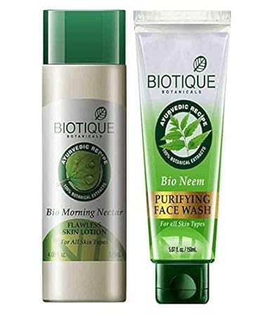 Biotique Bio Morning Nectar Flawless Skin Lotion, 120ml With Bio Neem Purifying Face Wash for Oily Acne Prone Skin, 150ml Combo