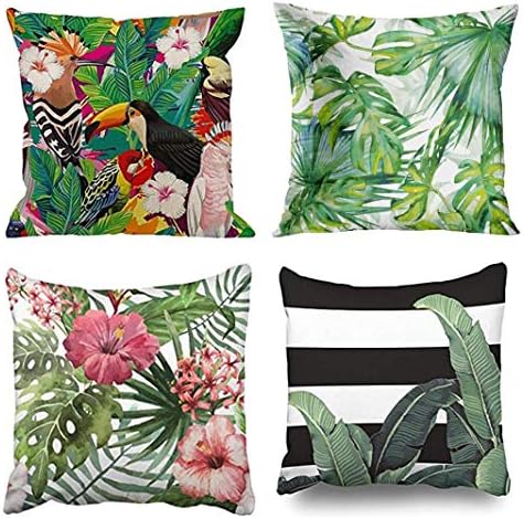 Jbralid Tropical Leaves Hibiscus Parrot Bird Toucan Flowers Green Red Yellow Cotton Linen Indoor Decor Throw Pillow Cover Case Set of 4, 16x16 in