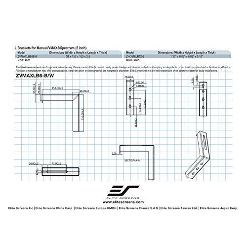 Elite Screens 6" Black Universal Projector Screen L-Brackets, Single Metal Welded Construction, Easy Adjustable Extension for Perfect Screen Placement, Wall or Ceiling Mount - Includes Hooks and Hardware, Model: ZVMAXLB6-B - Thumbnail 4