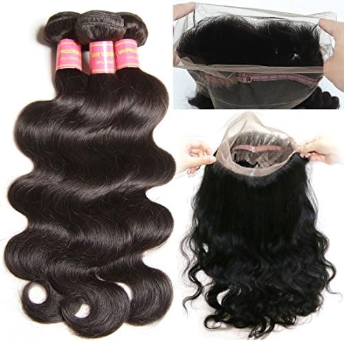 ALI JULIA 7a 360 Lace Frontal with bundles Body Wave Brazilian Virgin Hair with Baby Hair Free Part (20 22 24+18 inch, 360 lace frontal closure)
