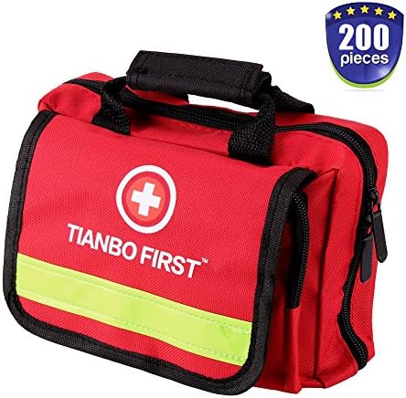 200 Pieces First Aid Kit for Car, Home, Traveling, Camping, Office or Sports, Red Bag with Reflective Stripe