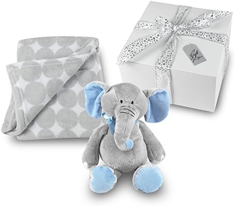Baby Boy Blanket and Stuffed Elephant Gift Set - Grey Circle Coral Fleece Blanket with Plush Stuffed Blue and Gray Elephant GIFT WRAPPED