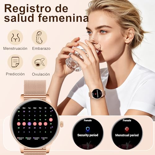 Fitdafit Reloj Inteligente Mujer, 1.27" HD Smartwatch Mujer con Llamadas Bluetooth, IP68 Impermeable Smart Watch con Monitor Sueño, Podómetro, Pulsómetro, 110+ Deportes Relojs Salud para Android iOS