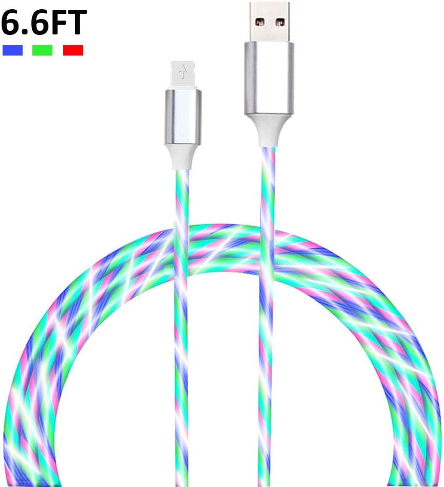 6FT LED Charging Cable Visible Flowing Lights Color Change USB Charger Cable Compatible with Mobile Phone 5/5S/6/6S/7//7S/8/X/Plus/Pad (Silver)