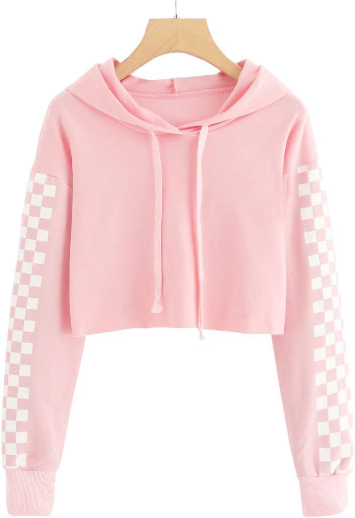 Kids Long Sleeve Crop Tops Girls Cute Plaid Hoodie Sweatshirts 4-12Years