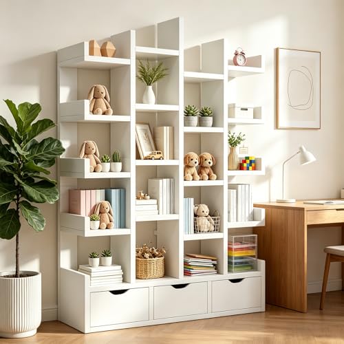 KINTOP Librero Organizador de 5 Niveles, Librero Esquinero con 3 Cajones y 20 Compartimentos, Libreros de Madera Minimalista para Hogar, Oficina y Dormitorio（Blanco 79.3 x 18 x 151 CM）