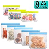 Reusable Storage Bags- 8 Pack Extra Thick BPA-FREE Ziplock Bag (5 Reusable Sandwich Bags & 3 Reusable Snack Bag)- Leakproof Freezer Safe Lunch Bag for kid Food Storage Make-up Travel Organization