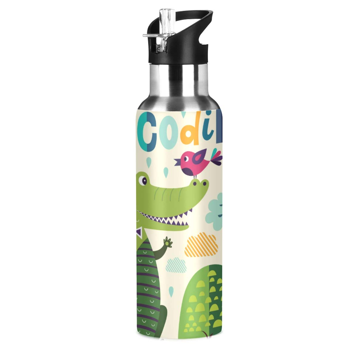 Mnsruu Cute Crocodile Funny Animals Water Bottle with Straw Drink Flask for Children Women Men,Stainless Steel Vacuum Drinks Bottles for Travel,School,Work,Outdoor,600 ml