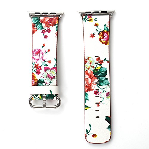 YOSWAN Bracelet For Apple Watch, National Black White Floral Printed Leather Watch Band 38mm 42mm Strap For Apple Watch Flower Design Wrist Watch Bracelet, White/Red Flower