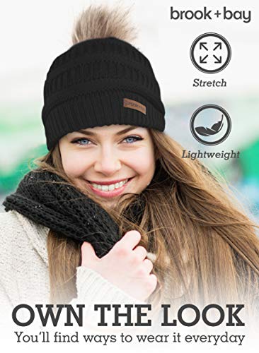Brook + Bay Faux Fur Pom Pom Beanie for Women - Warm & Cute Cable Knit Winter Hats - Thick, Chunky & Soft Stretch Knitted Caps for Cold Weather - Stylish & Trendy Snow Beanies for Ladies