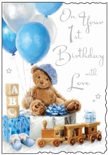 Blue Teddy 1st Birthday Card (JJ1511), grey|white|brown|oak|blue, 9 x 6.25 inches