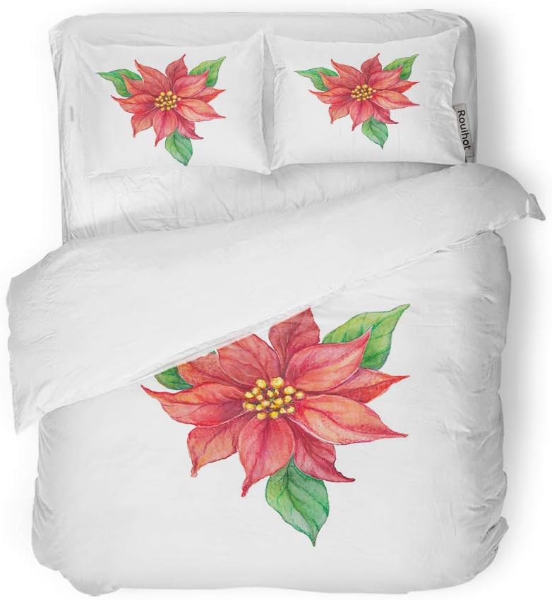 Adowyee Duvet Cover Set King Size Red and Green Christmas Poinsettia on White Watercolor Flower Pointsettia Above Decorative 3 Piece Bedding Set with 2 Pillow Shams for Bedroom