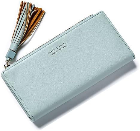 Fency Women's Tassel Multi-Card Faux Leather Wallet Long Tri-fold Matte Purse (Light Green)