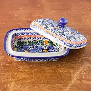 Polish Pottery, Handpainted and Handcrafted Butter Dish with Lid ― Blue Flowers Artistic Pattern (A506)