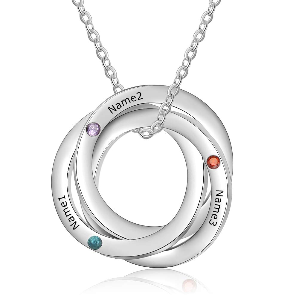 Kaululu Personalised Women Ring Necklace with 3 Names Simulated Birthstones Customised Silver Necklace for Womens Girls Engraved Name Birthday Jewellery for bff Mother Sisters (Necklace)