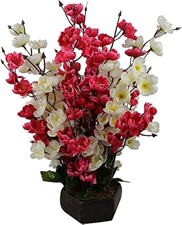 PARADISE Enterprises Bonsai Blossom Artificial Flowers with Wooden Pot(17Inch) Dark Pink and White