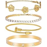 18K Gold Plated Floral Bangle Bracelet Set for Women - Elegant Love Design (4-Piece)