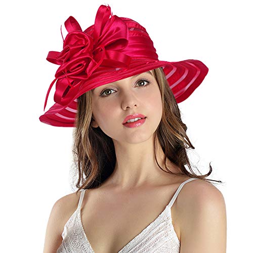 Women's Big Floral Fascinators Kentucky Derby Church Floppy Wide Brim Cloche Bowler Bucket Hat (Red)