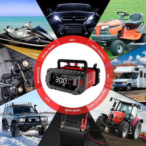 YHCHKJ 30 Amp 6V/12V/24V Smart Trickle Charger, Car Battery Charger, Lithium, Lifepo4, Lead Acid (AGM/Gel/SLA) Battery Maintainer, Desulfurizer for Car, Boat, Motorcycle, Lawn Mowers