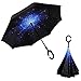 ALINK Inside Out Reverse Folding Umbrella, Large Double Layer Outdoor Rain & Sun Inverted Open & Close No Drip Umbrella - Starry Sky