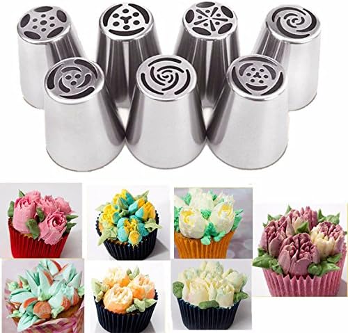 8 PCS/SET - 7 Pcs Cake Decorating Tips with 1 Pcs Conversion Head,Russian Nozzles Tulip Tips Icing Piping Nozzles Pastry Decorating Tips Set Cake Cupcake Decorator